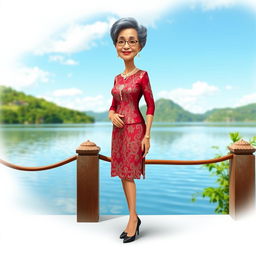 A 3D realistic caricature of a 60-year-old Indonesian woman wearing traditional Batak kebaya with sparkling accessories, standing elegantly in high heels by Lake Toba