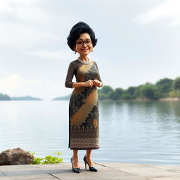 A 3D realistic caricature of a 60-year-old Indonesian woman wearing traditional Batak kebaya with sparkling accessories, standing elegantly in high heels by Lake Toba