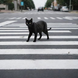 A black cat walking on a pedestrian crosswalk