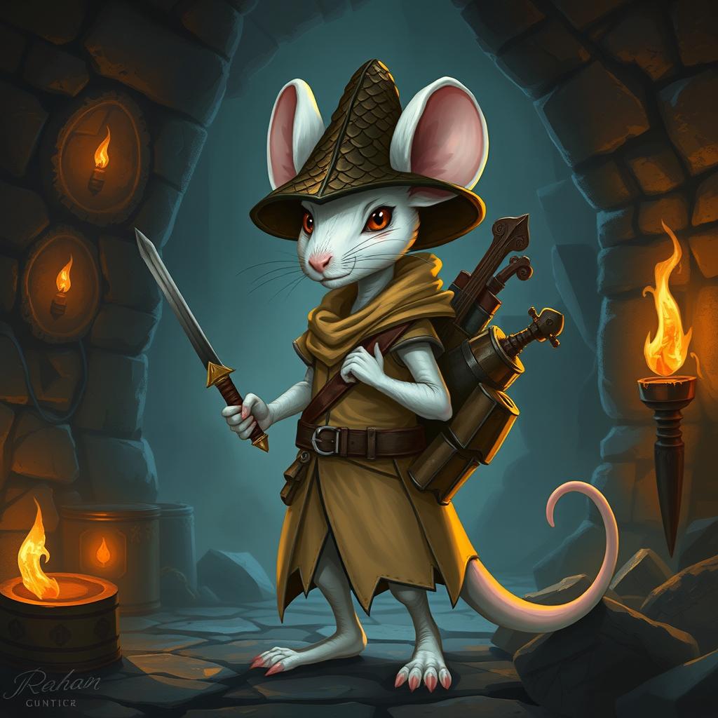 A slender, cool anthropomorphic white mouse dressed in light leather armor and a dragon-scale hunter's hat