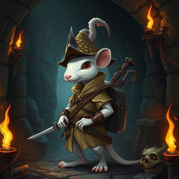 A slender, cool anthropomorphic white mouse dressed in light leather armor and a dragon-scale hunter's hat