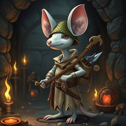 A slender, cool anthropomorphic white mouse dressed in light leather armor and a dragon-scale hunter's hat