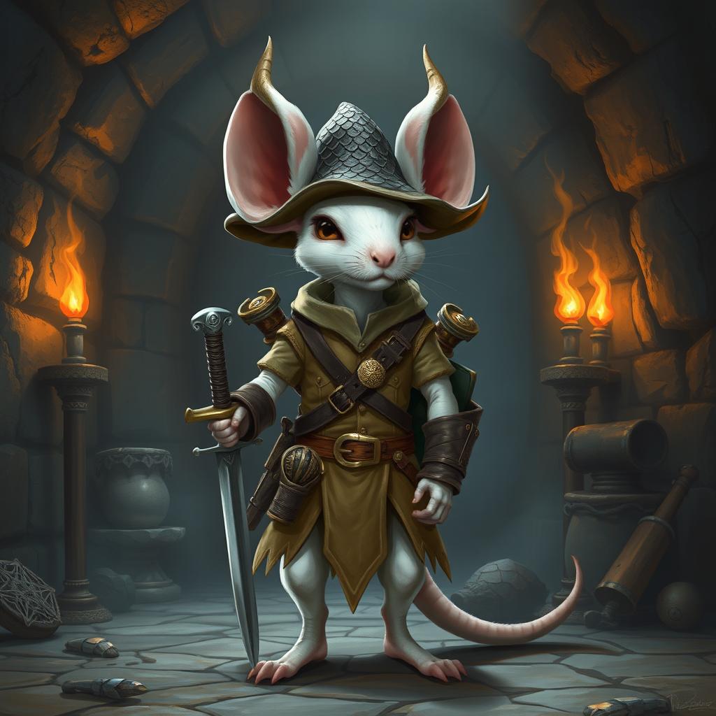 A slender, cool anthropomorphic white mouse dressed in light leather armor and a dragon-scale hunter's hat