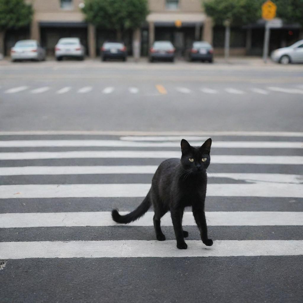 A black cat walking on a pedestrian crosswalk