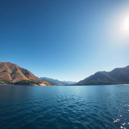 A stunning view of Lake Toba under a bright, clear sky, captured from a low front angle