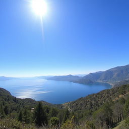 A stunning view of Lake Toba under a bright, clear sky, captured from a low front angle