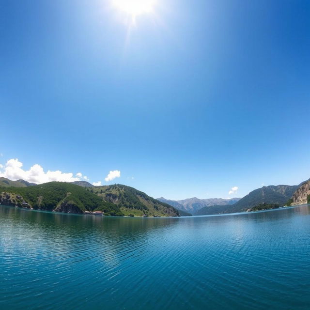 A stunning view of Lake Toba under a bright, clear sky, captured from a low front angle