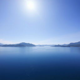 A stunning view of Lake Toba under a bright, clear sky, captured from a low front angle