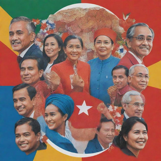 A vibrant election poster for the 2024 Indonesia's general election, featuring an emphasis on democratic values, diversity, and unity. Include imagery related to voting and national symbols.