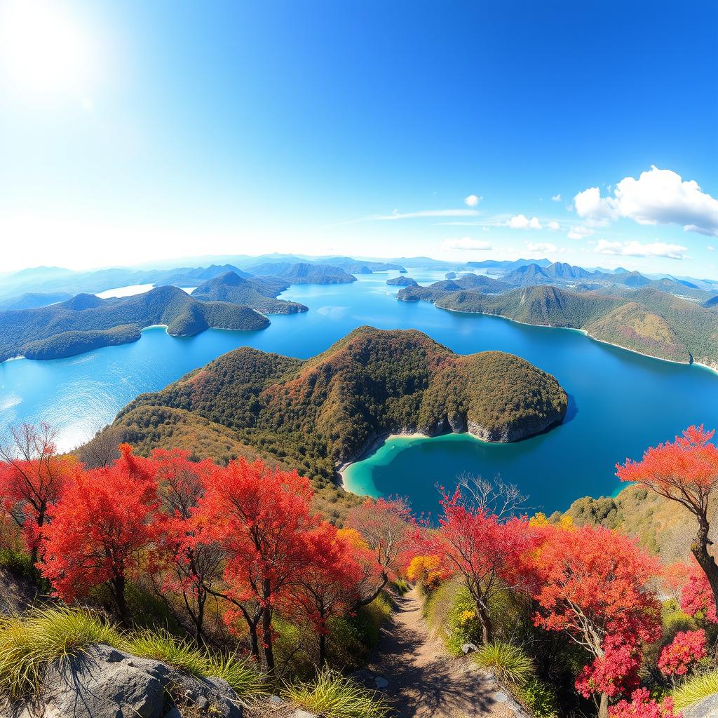 A 2D caricature of a stunning view of Lake Toba under a bright, clear sky, captured from a low front angle