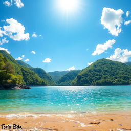 A 2D caricature of a stunning view of Lake Toba under a bright, clear sky, captured from a low front angle