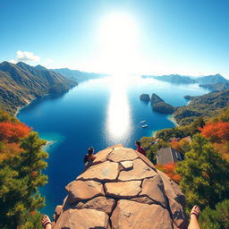 A 2D caricature of a stunning view of Lake Toba under a bright, clear sky, captured from a low front angle