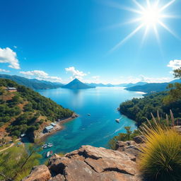 A 2D caricature of a stunning view of Lake Toba under a bright, clear sky, captured from a low front angle