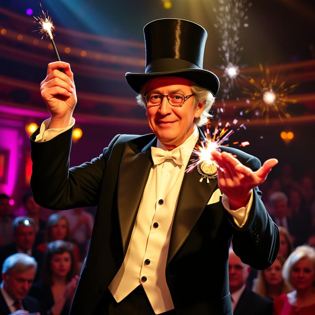 Steve Martin dressed as a charismatic magician, wearing a black tuxedo and top hat, holding a wand in one hand while performing a magical illusion on stage