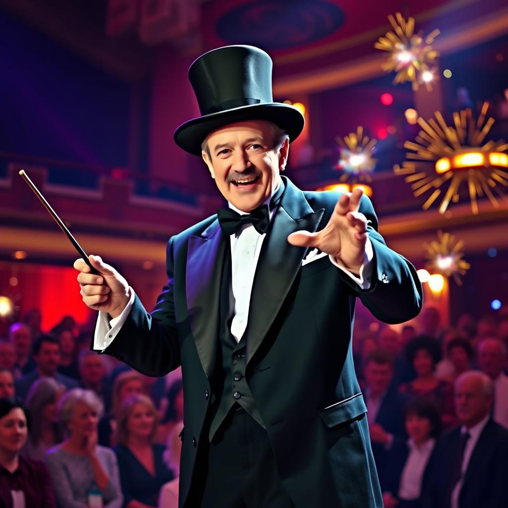 Steve Martin dressed as a charismatic magician, wearing a black tuxedo and top hat, holding a wand in one hand while performing a magical illusion on stage