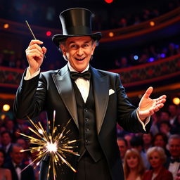 Steve Martin dressed as a charismatic magician, wearing a black tuxedo and top hat, holding a wand in one hand while performing a magical illusion on stage