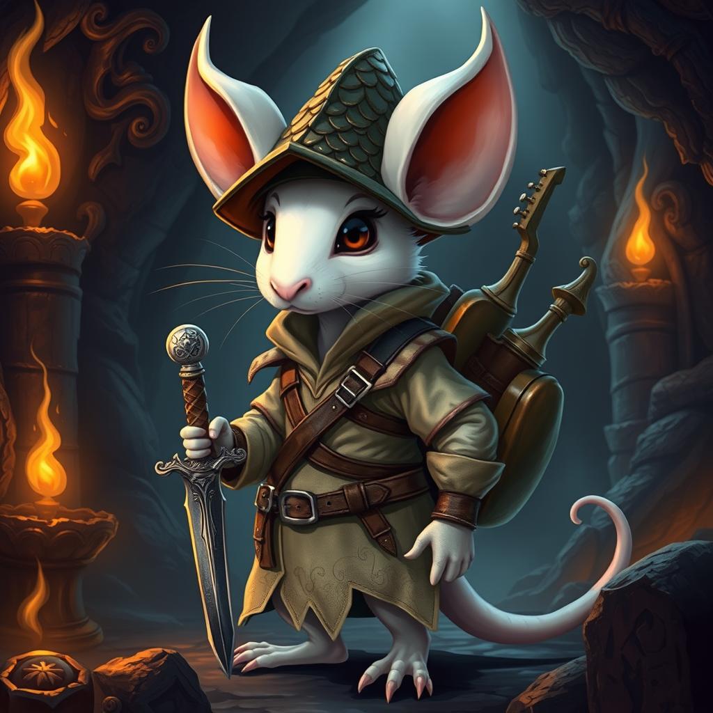 A slender, serious-looking anthropomorphic white mouse clad in light leather armor and wearing a dragon-scale hunter's hat