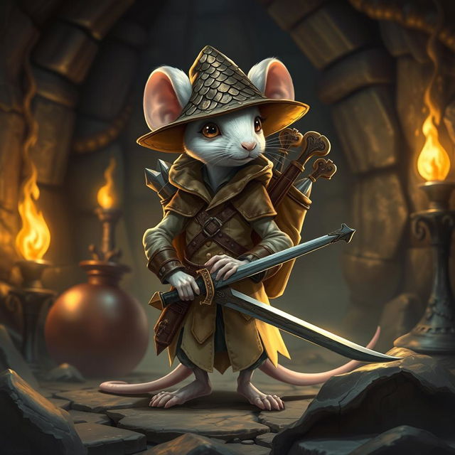 A slender, serious-looking anthropomorphic white mouse clad in light leather armor and wearing a dragon-scale hunter's hat