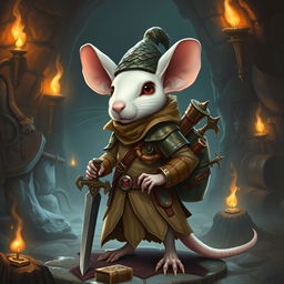 A slender, serious-looking anthropomorphic white mouse clad in light leather armor and wearing a dragon-scale hunter's hat