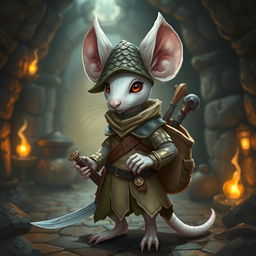 A slender, serious-looking anthropomorphic white mouse clad in light leather armor and wearing a dragon-scale hunter's hat