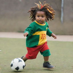 A two-year-old Rasta toddler with colorful dreadlocks and pre-school attire, energetically kicking a football