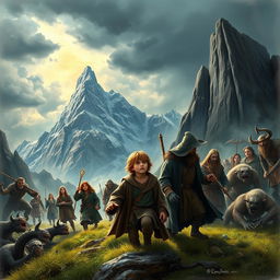 Epic fantasy movie illustration featuring the young hobbit Frodo, accompanied by three other hobbits, a wise and powerful wizard, two valiant humans, a graceful elf, and a sturdy dwarf