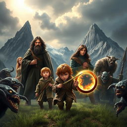 Epic fantasy movie illustration featuring the young hobbit Frodo, accompanied by three other hobbits, a wise and powerful wizard, two valiant humans, a graceful elf, and a sturdy dwarf