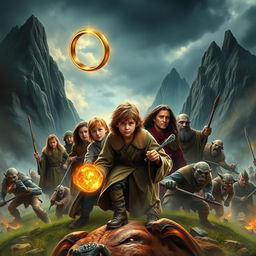 Epic fantasy movie illustration featuring the young hobbit Frodo, accompanied by three other hobbits, a wise and powerful wizard, two valiant humans, a graceful elf, and a sturdy dwarf