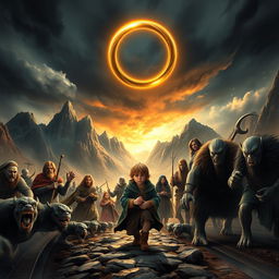 Epic fantasy movie illustration featuring the young hobbit Frodo, accompanied by three other hobbits, a wise and powerful wizard, two valiant humans, a graceful elf, and a sturdy dwarf