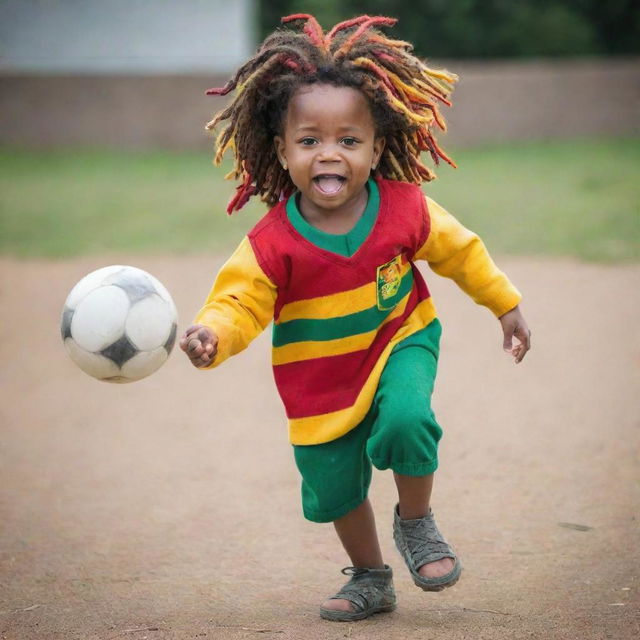 A two-year-old Rasta toddler with colorful dreadlocks and pre-school attire, energetically kicking a football