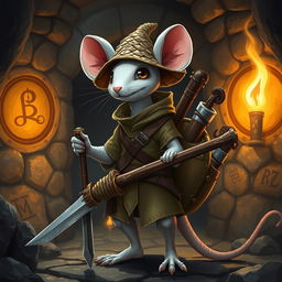 A slender anthropomorphic white mouse dressed in light leather armor and a dragon-scale hunter's hat