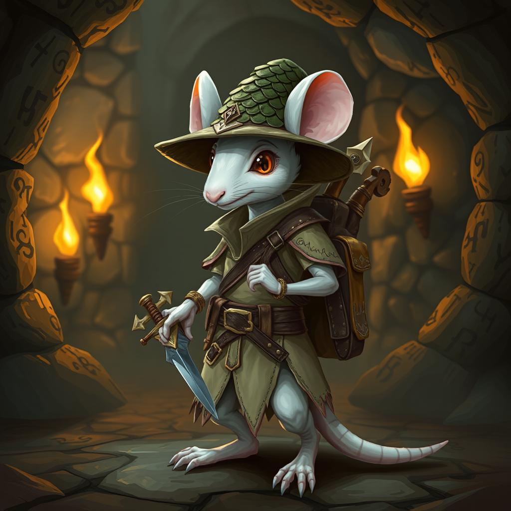 A slender anthropomorphic white mouse dressed in light leather armor and a dragon-scale hunter's hat