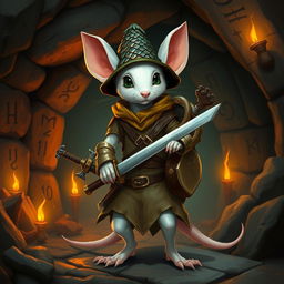 A slender anthropomorphic white mouse dressed in light leather armor and a dragon-scale hunter's hat