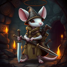 A slender anthropomorphic white mouse dressed in light leather armor and a dragon-scale hunter's hat