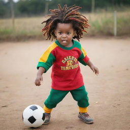 A two-year-old Rasta toddler with colorful dreadlocks and pre-school attire, energetically kicking a football