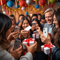 A joyful scene of people giving each other the latest iPhone models as gifts