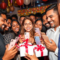 A joyful scene of people giving each other the latest iPhone models as gifts