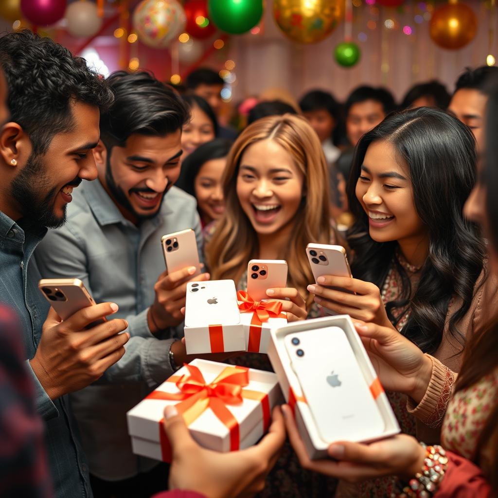 A joyful scene of people giving each other the latest iPhone models as gifts