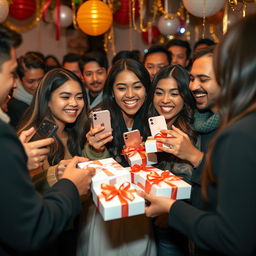 A joyful scene of people giving each other the latest iPhone models as gifts