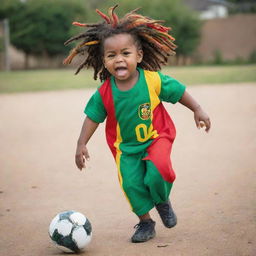 A two-year-old Rasta toddler with colorful dreadlocks and pre-school attire, energetically kicking a football