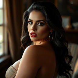 Alluring, voluptuous woman with a captivating presence, showcasing her confident sensuality