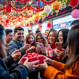 A joyful scene of people exchanging iPhones as gifts in a lively and festive environment