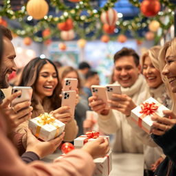 A joyful scene of people exchanging iPhones as gifts in a lively and festive environment