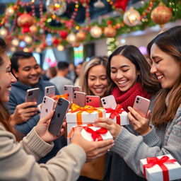 A joyful scene of people exchanging iPhones as gifts in a lively and festive environment