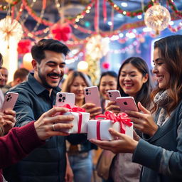 A joyful scene of people exchanging iPhones as gifts in a lively and festive environment