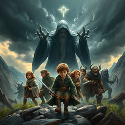 Epic fantasy movie poster illustration depicting the young hobbit, accompanied by three other hobbits, a wise and enigmatic wizard, two courageous humans, an elegant elf, and a robust dwarf