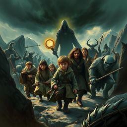 Epic fantasy movie poster illustration depicting the young hobbit, accompanied by three other hobbits, a wise and enigmatic wizard, two courageous humans, an elegant elf, and a robust dwarf