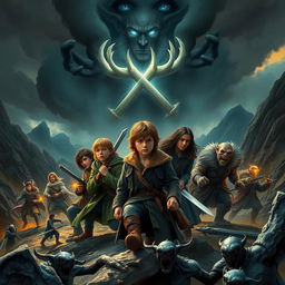 Epic fantasy movie poster illustration depicting the young hobbit, accompanied by three other hobbits, a wise and enigmatic wizard, two courageous humans, an elegant elf, and a robust dwarf