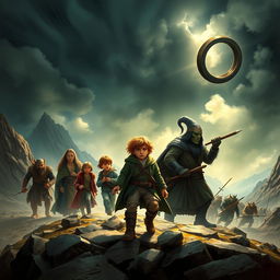 Epic fantasy movie poster illustration depicting the young hobbit, accompanied by three other hobbits, a wise and enigmatic wizard, two courageous humans, an elegant elf, and a robust dwarf