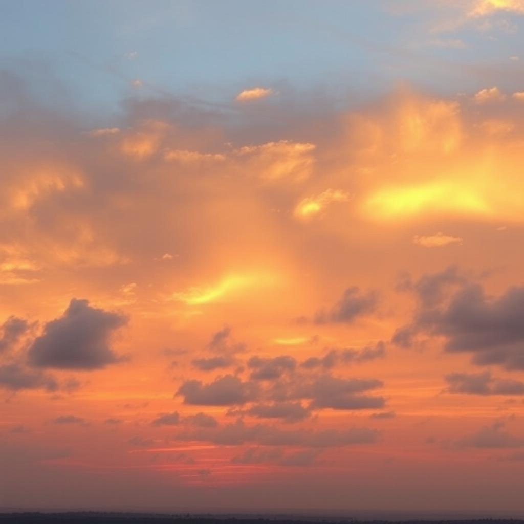 A magnificent sky filled with golden and pink hues during sunset, with soft clouds reflecting the glorious light